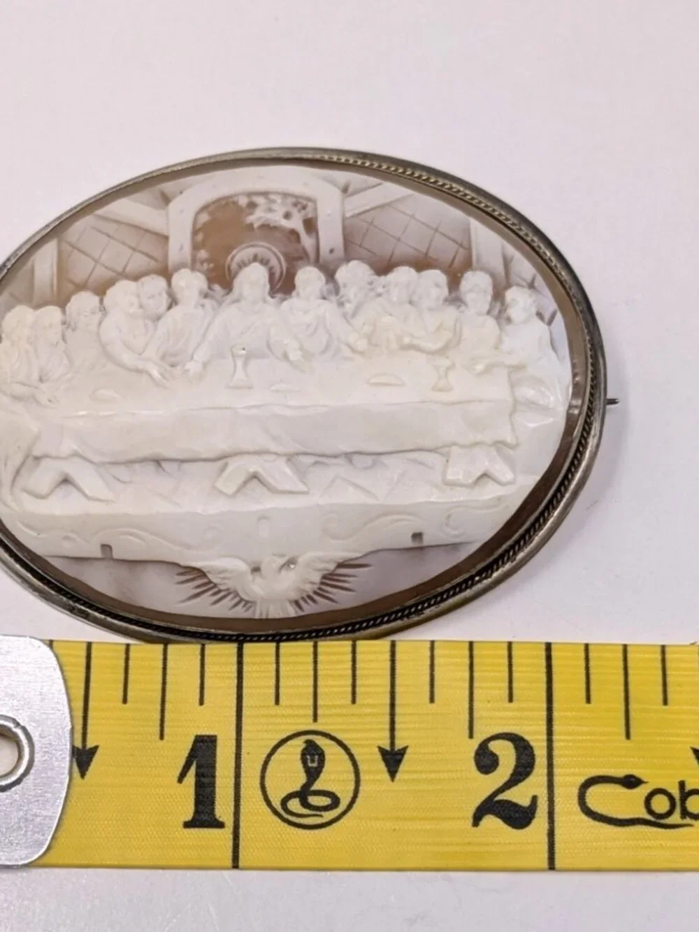Last Supper Carved Cameo Brooch Sterling Silver VTG 2.5